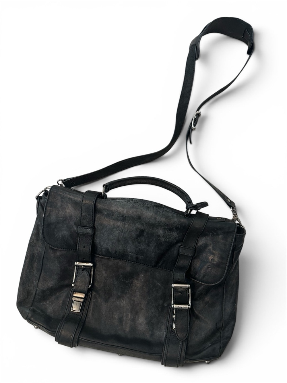 Frye Black Leather Messenger Bag with Buckle Straps